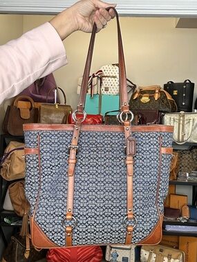 Coach Denim Signature Gallery Tote Blue CC Logo Leather Trim Shoulder Bag 2008